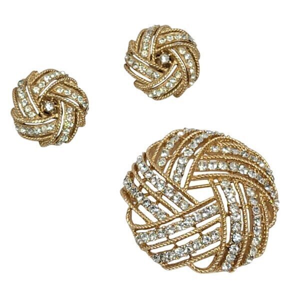 Vintage Crown Trifari Earrings Brooch Rhinestone Cavalcade Knot Ribbon Pin Gold - Picture 1 of 10